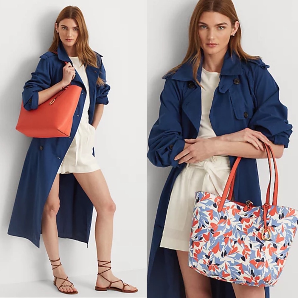 ❤️‍🔥NWT Ralph Lauren Floral Eco-Leather Reversible Tote in bright orange/red